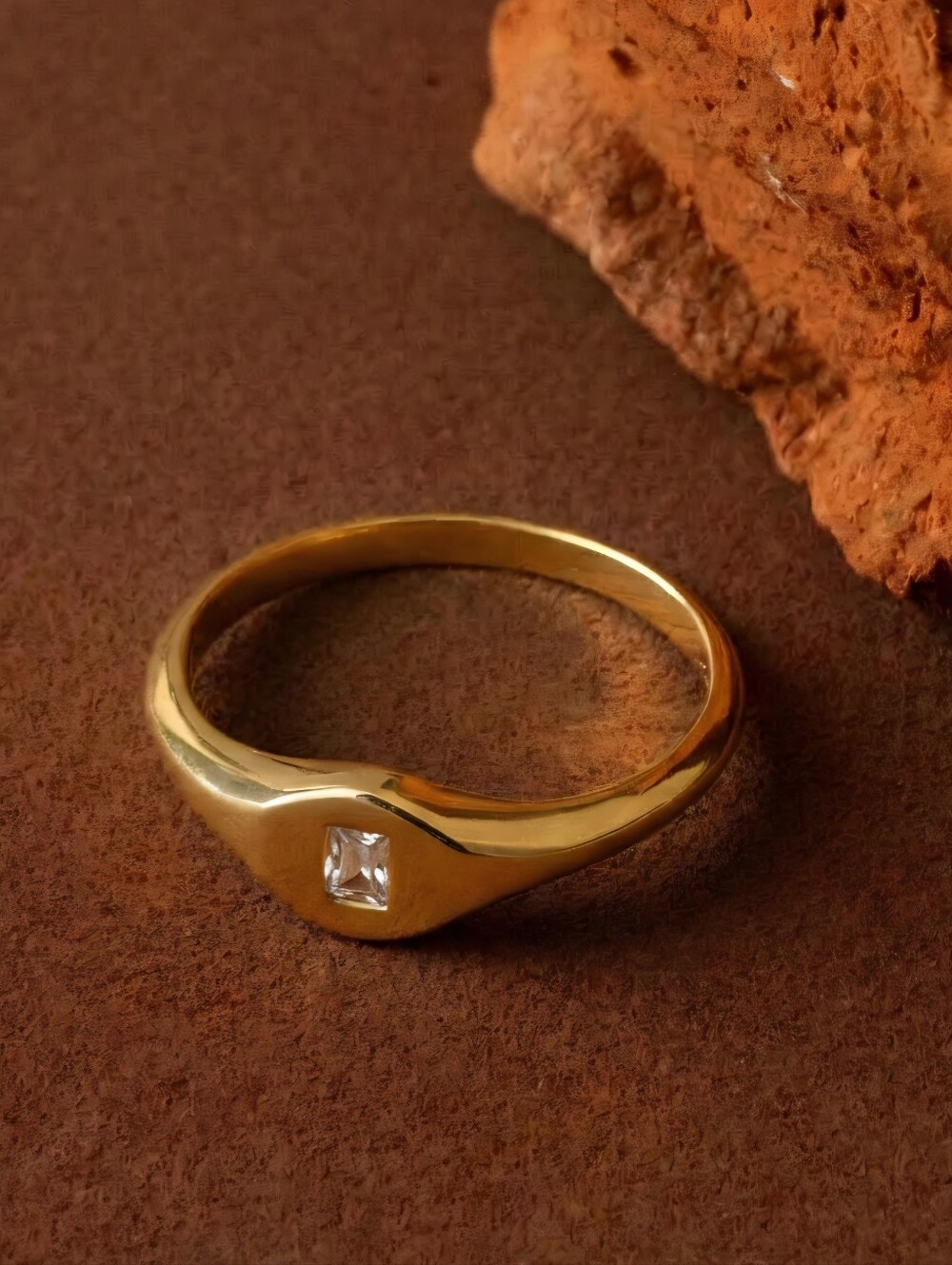 Gold Ring Dainty Classic Minimalist Single Princess Cut CZ Faux Diamond Crystal